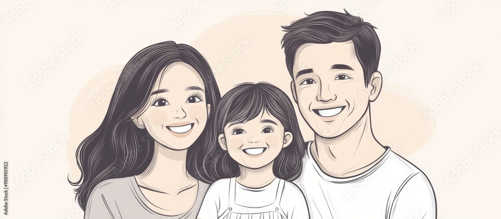 Happy family of three smiling featuring a daughter with her mother and father in a simple line drawing portrait illustration Happy family of three smiling featuring a daughter with her mother and father in a simple line drawing portrait illustration