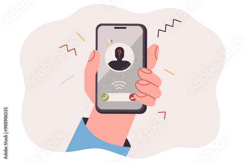 Phone in hand of person receiving anonymous call with unsolicited advertisement or scam offer