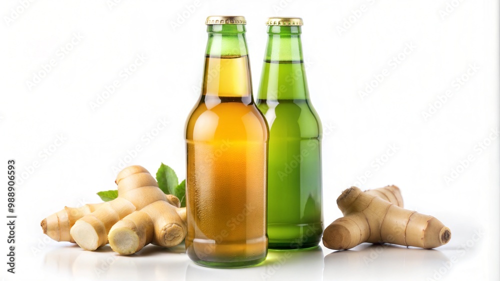 Glass Bottle with Green Cap Surrounded by Ginger Roots, Lemon Halves, and Green Leaves, Suggesting Ginger or Lemon Beverage. ginger beer on a white isolated background Glass Bottle with Green Cap Surrounded by Ginger Roots, Lemon Halves, and Green Leaves, Suggesting Ginger or Lemon Beverage. ginger beer on a white isolated background