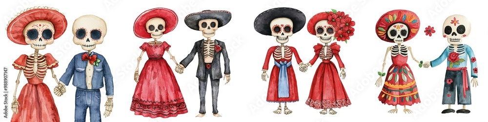 Colorful skeleton figures in traditional attire, white isolated background. Colorful skeleton figures in traditional attire, white isolated background.