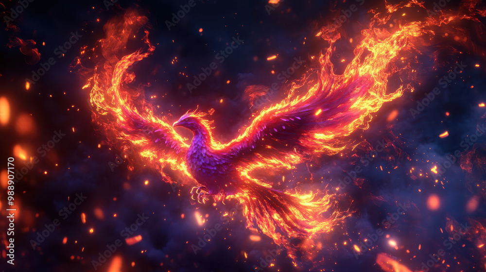 A phoenix bird made of vibrant, swirling flames, rising majestically from a dark abyss. The flames alternate between deep reds, oranges, A phoenix bird made of vibrant, swirling flames, rising majestically from a dark abyss. The flames alternate between deep reds, oranges,
