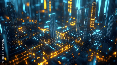 Scalability: An expansive view of a digital city growing exponentially, with scalable business models represented by expanding skyscrapers and interconnected, glowing network lines