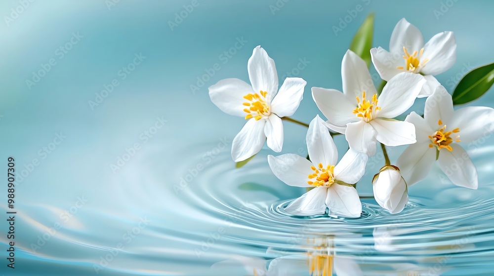 Naklejka premium Delicate white flowers floating on serene water surface, calming atmosphere.