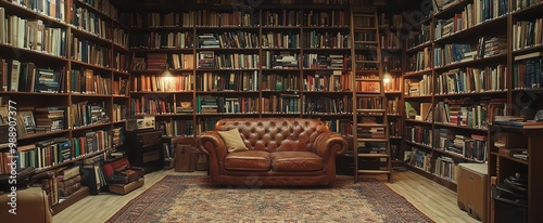 cozy library nook with floortoceiling bookshelves overstuffed leather armchair warm lighting ladder to upper shelves photo