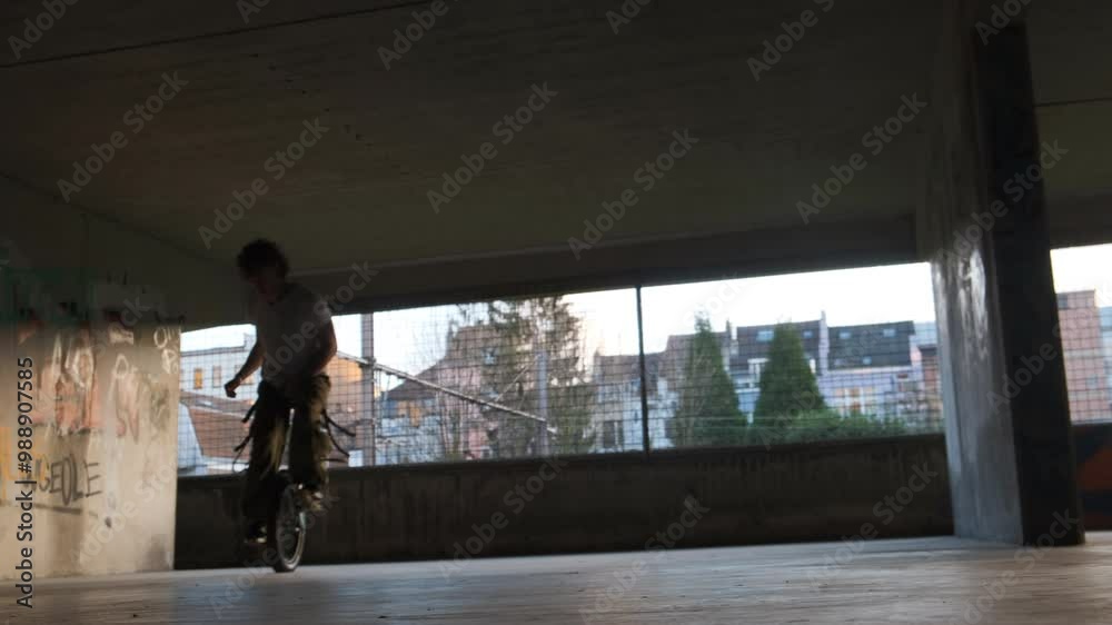 Flick of the wheel and twist of the hips, rider makes daring 180 flip Flick of the wheel and twist of the hips, rider makes daring 180 flip