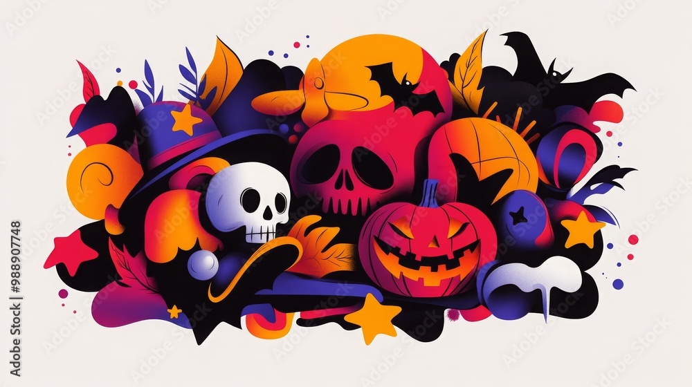 Halloween Skull Pumpkin Bats Stars Cartoon Illustration Halloween Skull Pumpkin Bats Stars Cartoon Illustration