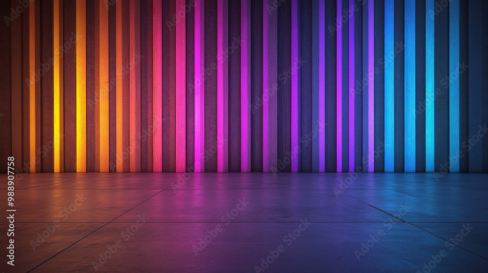 Abstract background featuring vibrant wooden slats against a concrete floor, illuminated by colorful light from the left side, creating a dynamic and inviting atmosphere in an empty room.