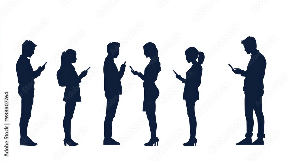 Obraz premium Silhouette of diverse people using smartphones in a standing line