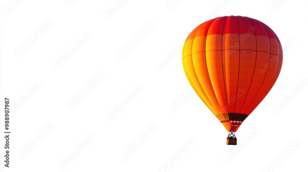 Fototapeta premium Bright orange and red hot air balloon ascending against a pure white background.