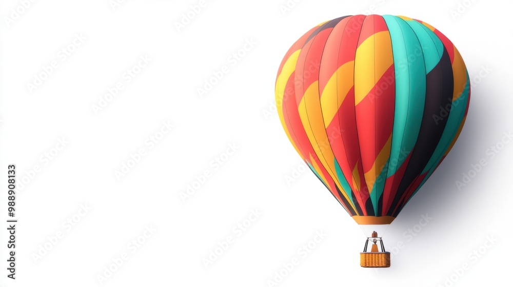 Fototapeta premium Brightly colored hot air balloon with bold patterns, floating in isolated white space.