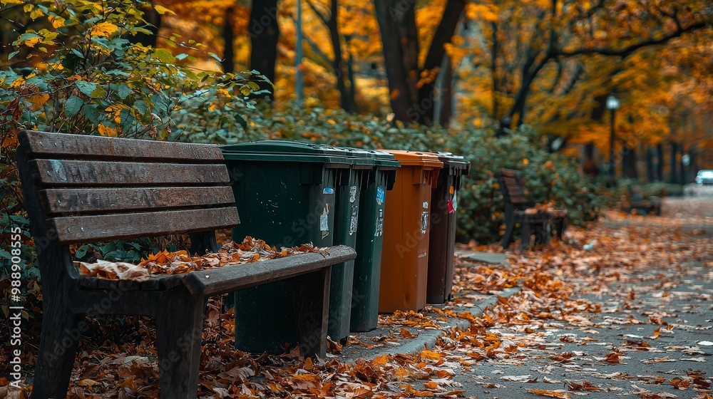 Autumn Street Scene Featuring Trash Cans and a Cozy Bench Autumn Street Scene Featuring Trash Cans and a Cozy Bench