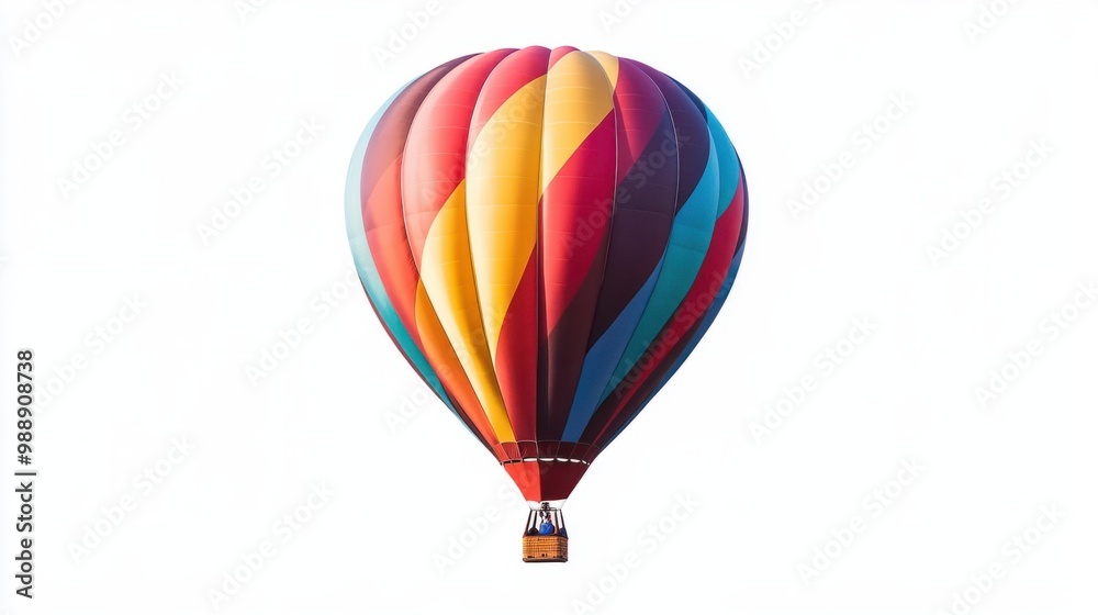 Naklejka premium Detailed side view of a single hot air balloon, bold and colorful, floating on white.