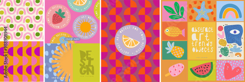 Abstract art objects for design. Vector illustrations of modern trendy children's cute icons, pattern, stickers, geometric shapes, rainbow, lemon, ice cream, watermelon, fish, leaf, pineapple