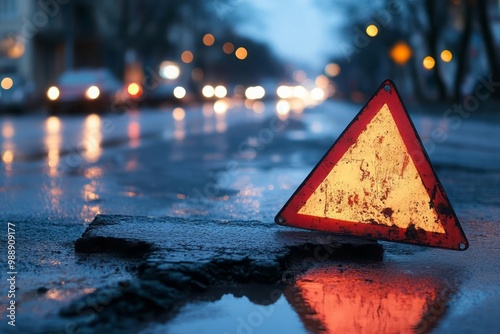 Asphalt patch, busy city street, warning triangle, temporary road repair