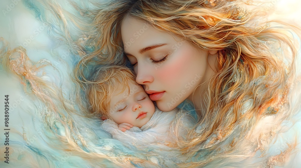 A mother and her baby sleep peacefully, their faces touching, surrounded by flowing, ethereal fabric.