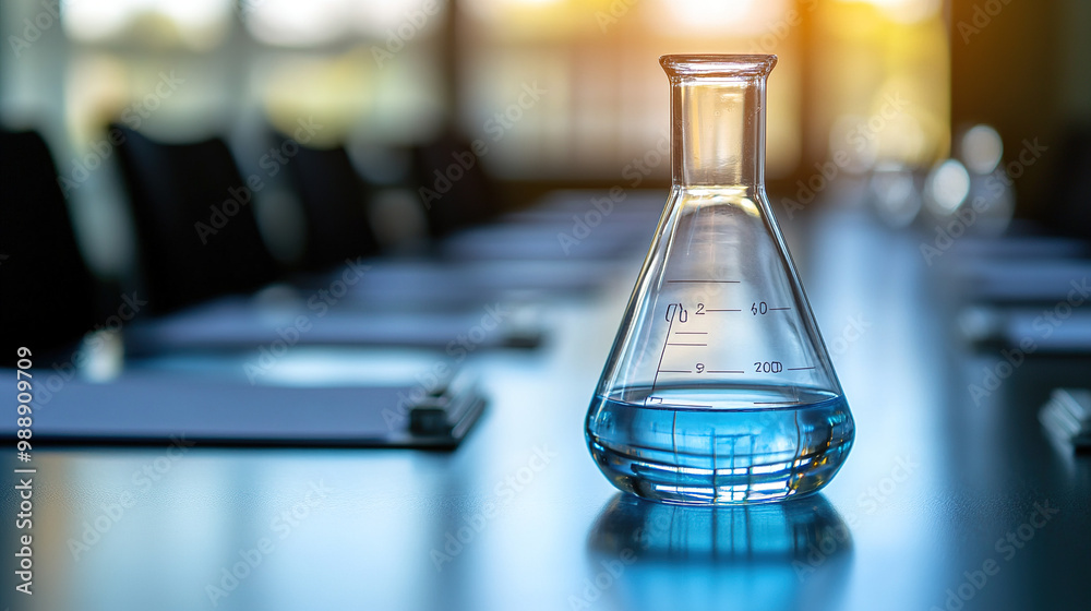 Science laboratory glass flask symbolizing innovation and research placed on a table in a business meeting room, with a blurred background of a conference hall and sunlight streaming in. Science laboratory glass flask symbolizing innovation and research placed on a table in a business meeting room, with a blurred background of a conference hall and sunlight streaming in.