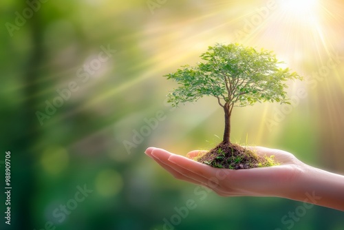 A tree growing out of an open hand representing nurture growth and giving life.