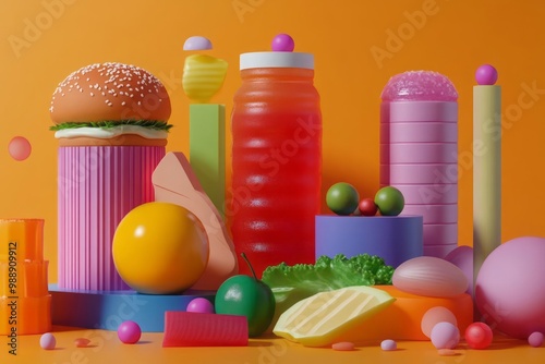 3D food, minimalist, linear art, abstract illustrations