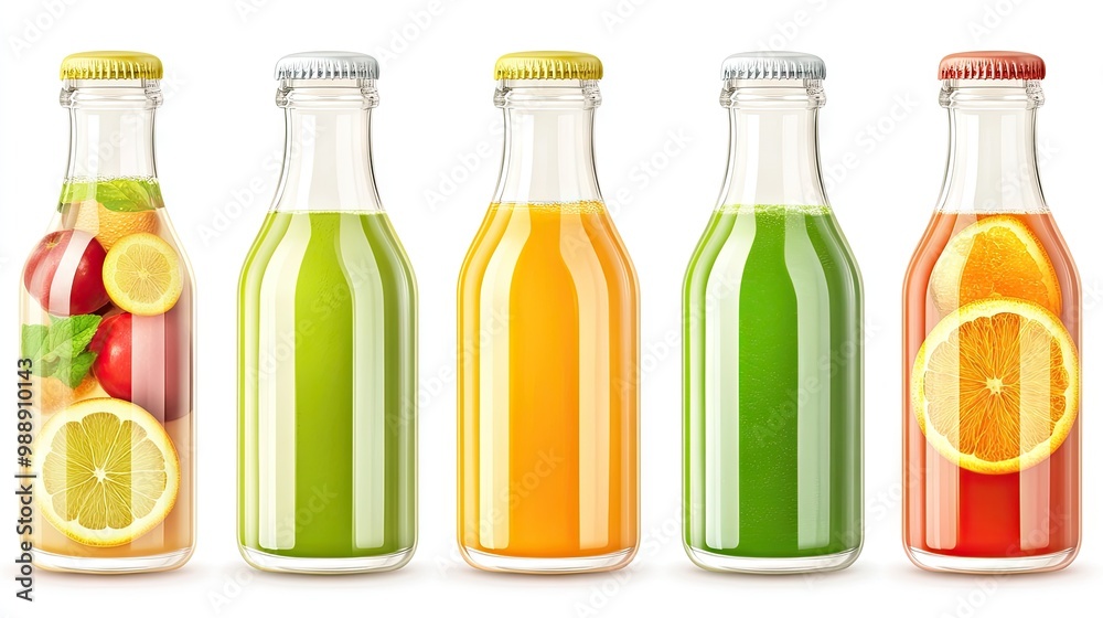 A collection of glass bottles with different freshly squeezed juices, including orange, apple, and green juices, set on a white background. A collection of glass bottles with different freshly squeezed juices, including orange, apple, and green juices, set on a white background.