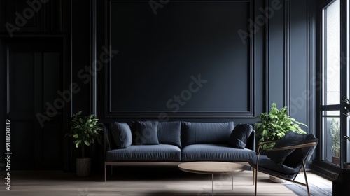 Modern Stylish Dark Living Room Interior with Chic Furnishings and Ambient Lighting for Interior Design Inspiration photo