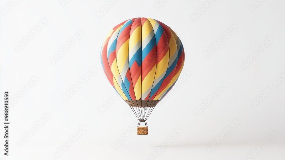 Fototapeta premium Hot air balloon with geometric patterns, isolated mid-flight on a clean white background.
