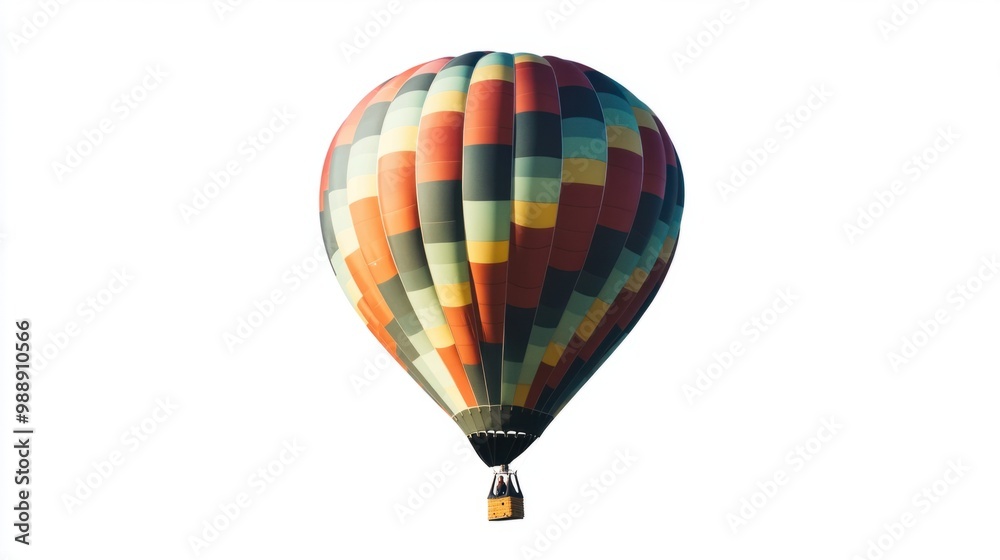 Fototapeta premium Hot air balloon with geometric patterns, isolated mid-flight on a clean white background.