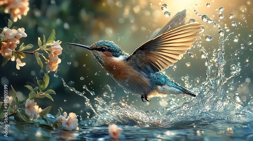 A vibrant blue and orange kingfisher bird in flight, splashing water with its wings as it dives into a pond with pink flowers in the background.