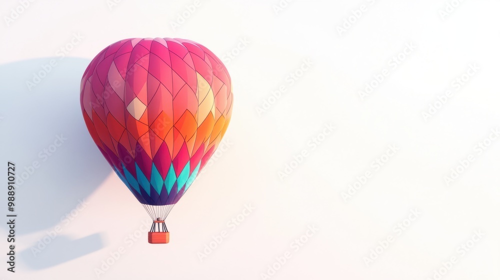 Fototapeta premium Hot air balloon with sharp geometric patterns, floating on a pristine white background.