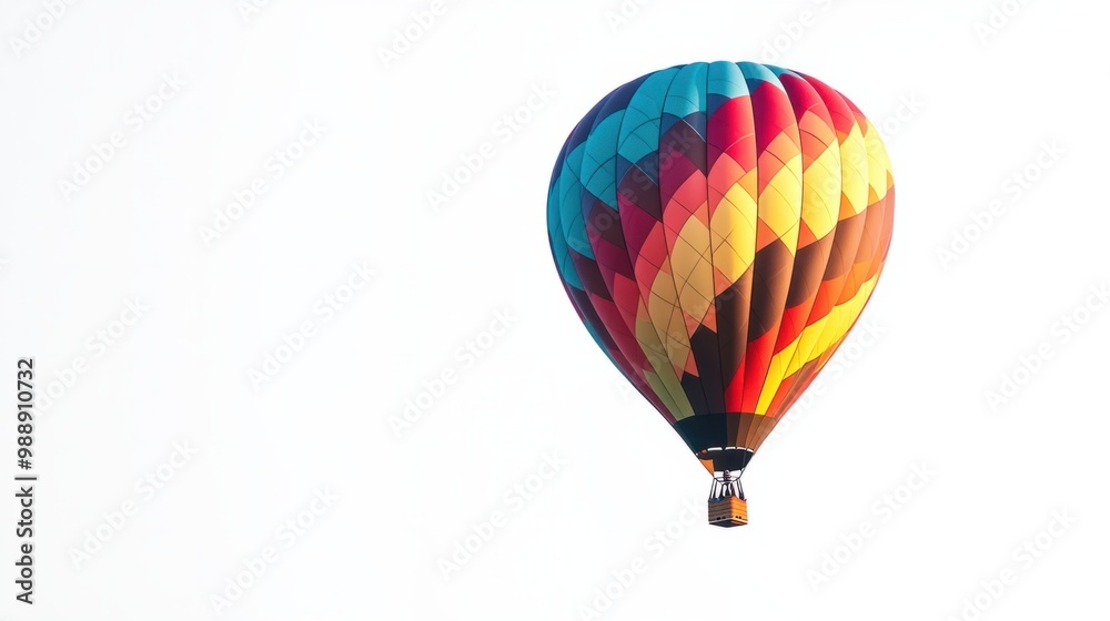 Fototapeta premium Hot air balloon with sharp geometric patterns, floating on a pristine white background.