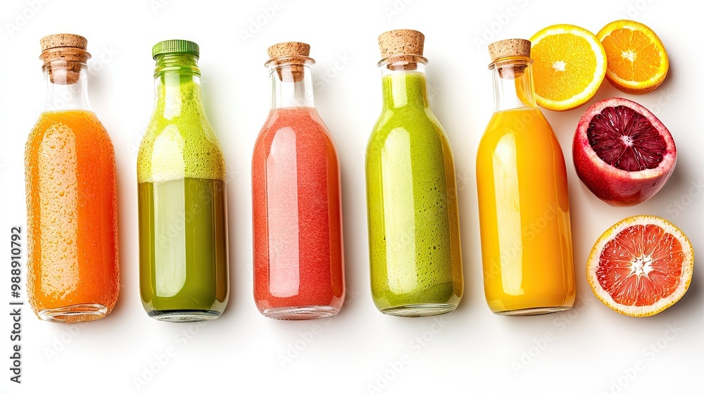 A collection of glass bottles with different freshly squeezed juices, including orange, apple, and green juices, set on a white background. A collection of glass bottles with different freshly squeezed juices, including orange, apple, and green juices, set on a white background.