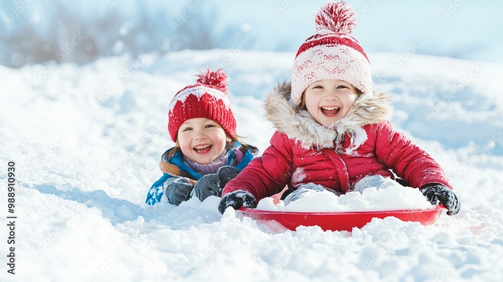 Children enjoying sledding in the snow, cheerful winter fun, outdoor play. Children enjoying sledding in the snow, cheerful winter fun, outdoor play.
