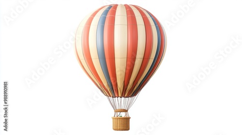 Large hot air balloon in flight, with detailed wicker basket and bold colors, isolated on white.