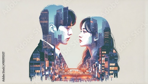 Kdrama Concept Couple Double Exposure Silhouette Cityscape Urban Portrait Illustration