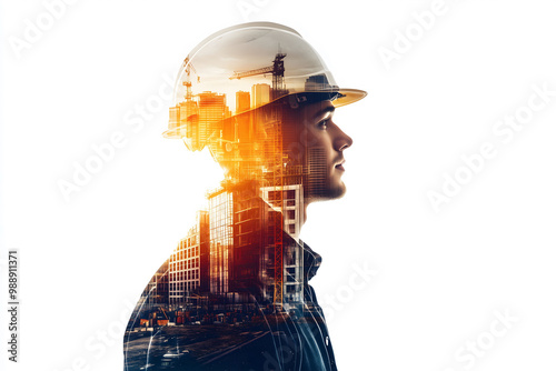 Double exposure of a young engineer man and construction site with safety helmet letting see city buildings under construction on white background with copy space, business engineering concept.