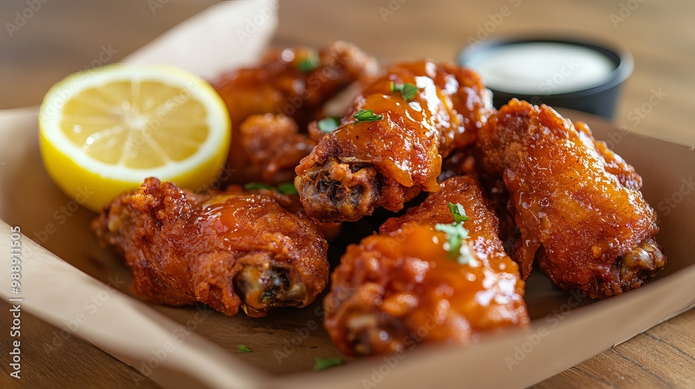 Crispy chicken wings, ready to be dipped in flavorful sauces and a squeeze of lemon. Crispy chicken wings, ready to be dipped in flavorful sauces and a squeeze of lemon.