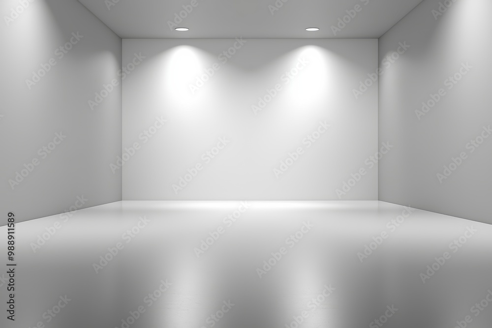 Empty modern room with white walls and bright lights. Ideal for showcasing products or creative installations. Empty modern room with white walls and bright lights. Ideal for showcasing products or creative installations.