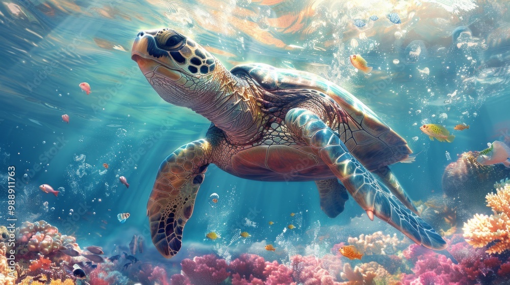 Obraz premium Sea turtle swimming over colorful coral reef with fish and bubbles. AI generative. .