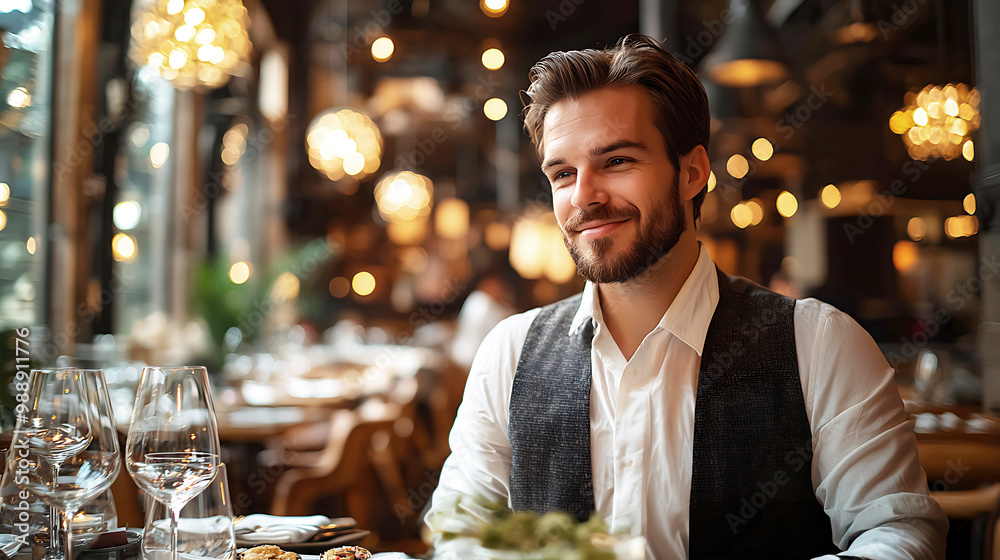 A handsome young businessman is sitting in a restaurant and smiling while looking around, enjoying a drink and meal. A handsome young businessman is sitting in a restaurant and smiling while looking around, enjoying a drink and meal.