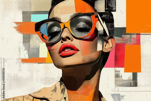 A striking portrait of a woman wearing oversized orange sunglasses, surrounded by abstract colors