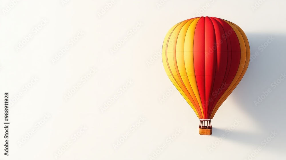Fototapeta premium Red and yellow hot air balloon, floating majestically in a white space, with shadow detail.
