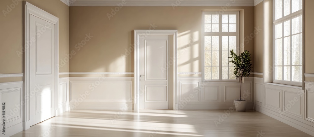 Spacious room featuring neutral toned walls a window and a white door Light glossy flooring and white skirting create an appealing interior perspective High quality 3D render with a work path Spacious room featuring neutral toned walls a window and a white door Light glossy flooring and white skirting create an appealing interior perspective High quality 3D render with a work path