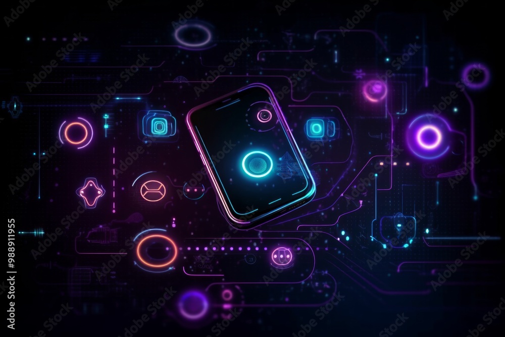 Fototapeta premium A smartphone on a futuristic circuit board with glowing neon lights. AI generative. .