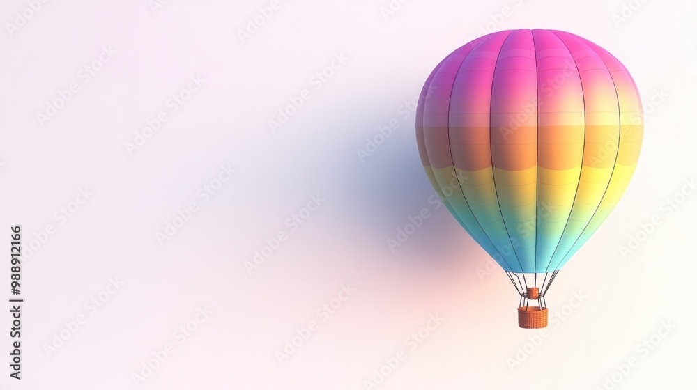 Fototapeta premium Single hot air balloon in a soft gradient of colors, hovering mid-air on white.