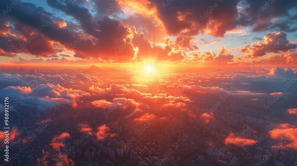 Aerial view of a city with a fiery sunset and clouds. AI generative. . Aerial view of a city with a fiery sunset and clouds. AI generative. .