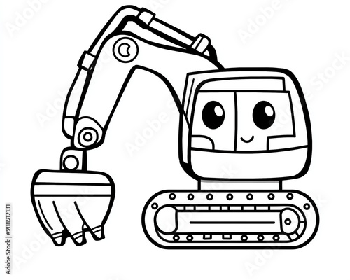Cute Cartoon Excavator Illustration Black and White