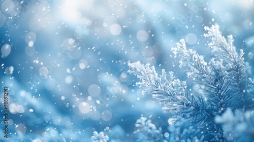 Beautiful winter scene with delicate snowflakes and ice crystals on a light blue bokeh background, perfect for Christmas and seasonal designs,holiday cards, and winter-themed marketing materials. 