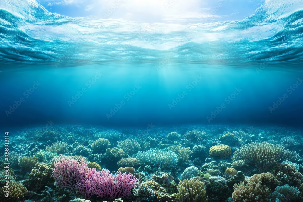 Naklejka premium Underwater scene showcasing vibrant coral reefs and clear blue water.