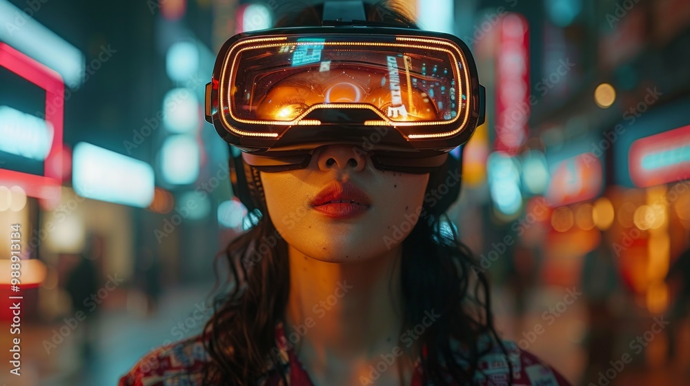 Woman in VR headset in a city at night. AI generative. . Woman in VR headset in a city at night. AI generative. .