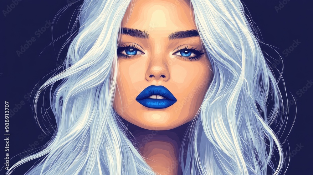 Fototapeta premium Portrait of a young woman with a beautiful face and long white hair Featuring blue lipstick makeup this flat design image is ideal for social media avatars