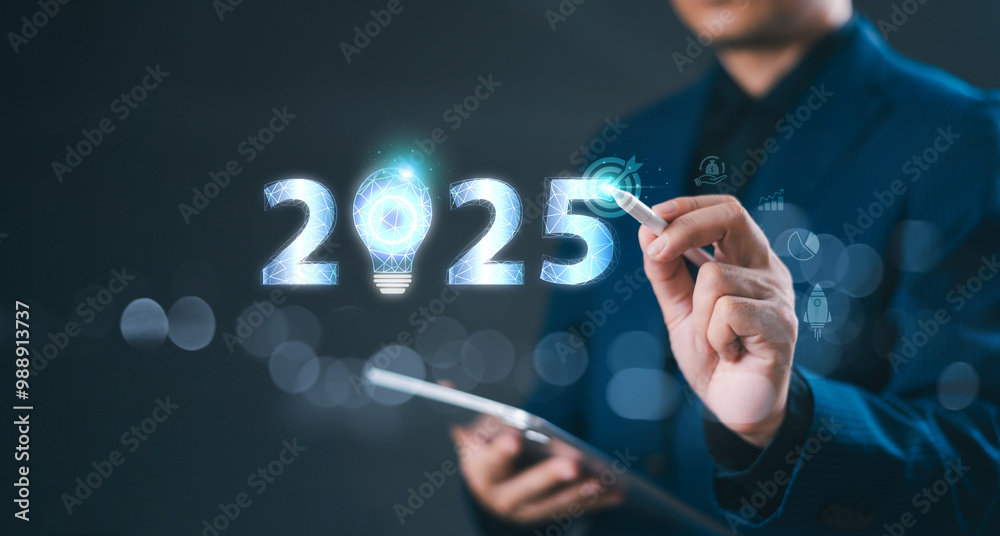 2025 new year forecast strategy. Startup business 2025 positive indicators concept. Businessman use tablet write 2025 target goals icon, virtual screen technology. Merry Christmas idea inspirations 2025 new year forecast strategy. Startup business 2025 positive indicators concept. Businessman use tablet write 2025 target goals icon, virtual screen technology. Merry Christmas idea inspirations